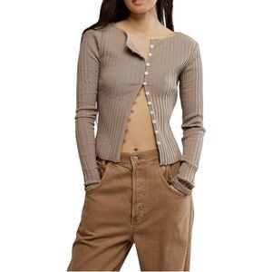 Free People Tilley Fallen Rock Tan Ribbed Button Down Cardigan Size Large NWT
